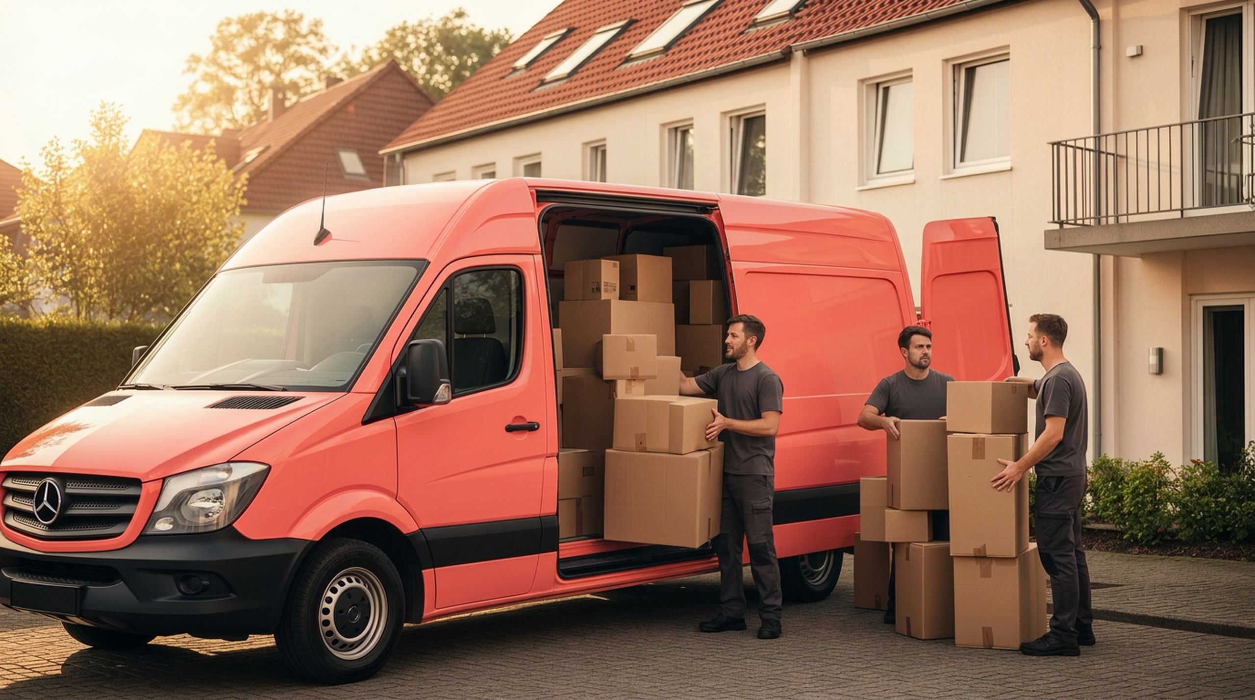 Raumwerk Nord – Team verlädt Umzugskartons in den Transporter vor einem Wohnhaus