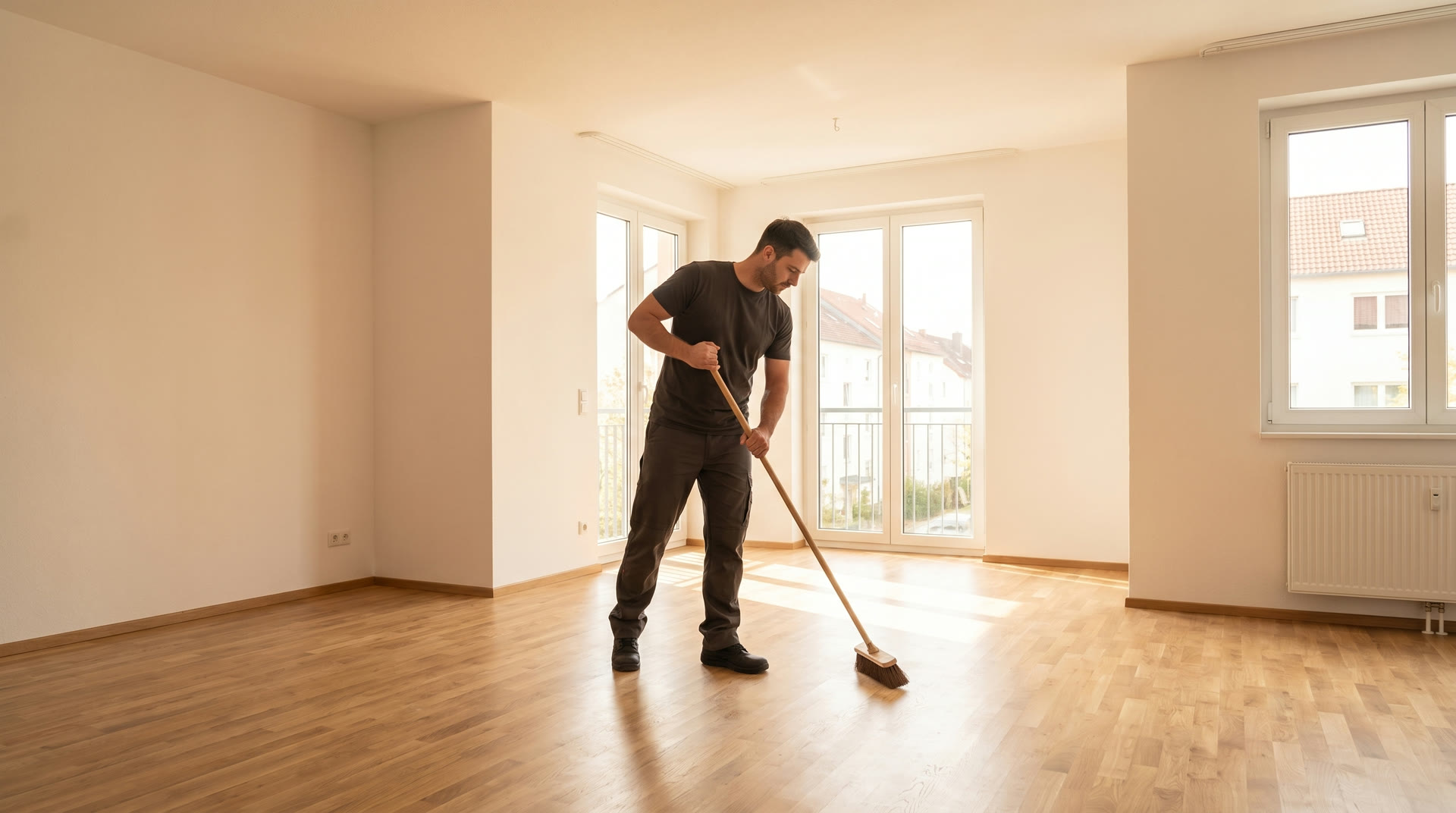 Raumwerk Nord Mitarbeiter fegt eine geräumte Wohnung besenrein